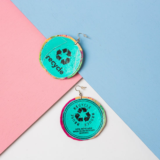 Double sided circular 'recycle me' text earrings- S/S 24