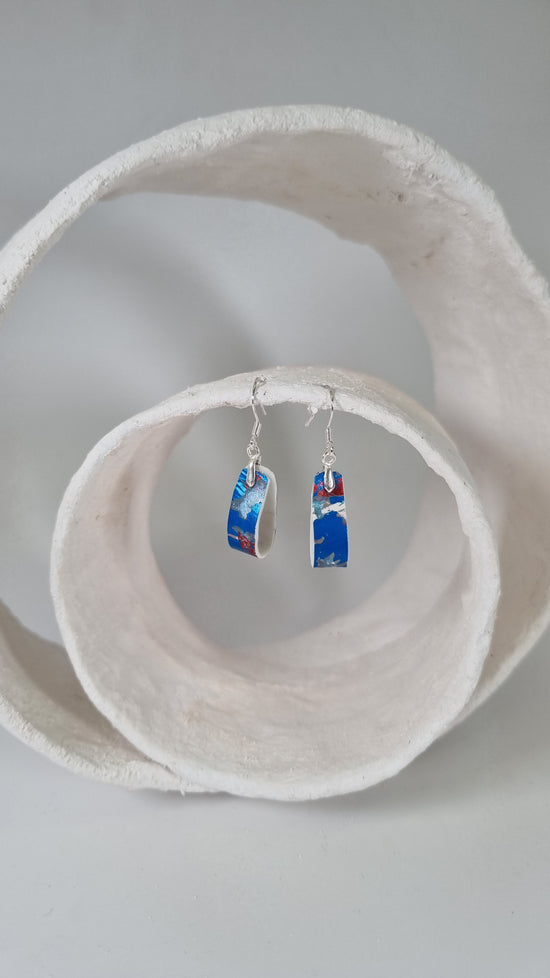 Teeny blue white and red metallic foiling looped folded earrings - PLASTIQUE By Siân