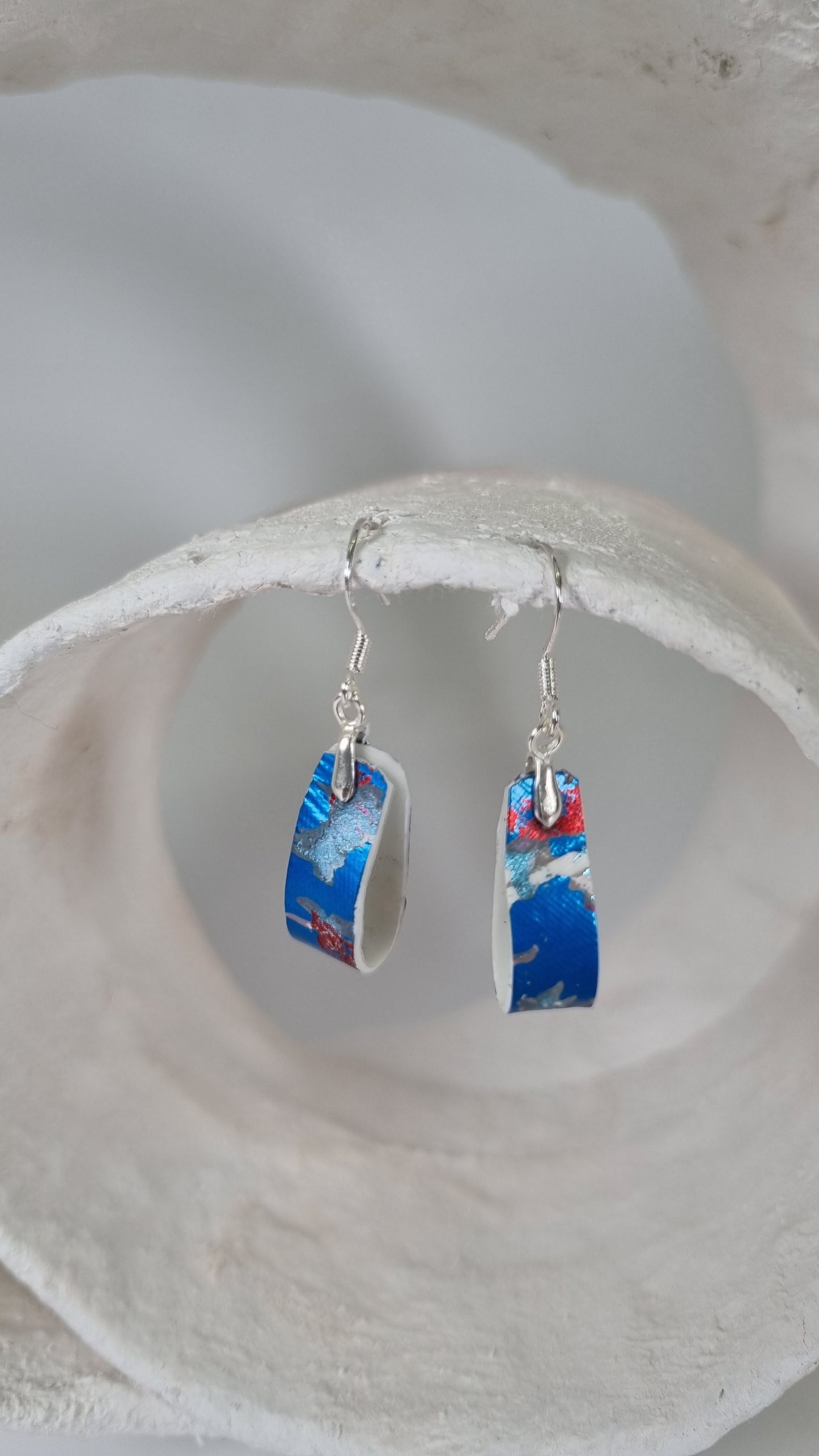 Teeny blue white and red metallic foiling looped folded earrings - PLASTIQUE By Siân