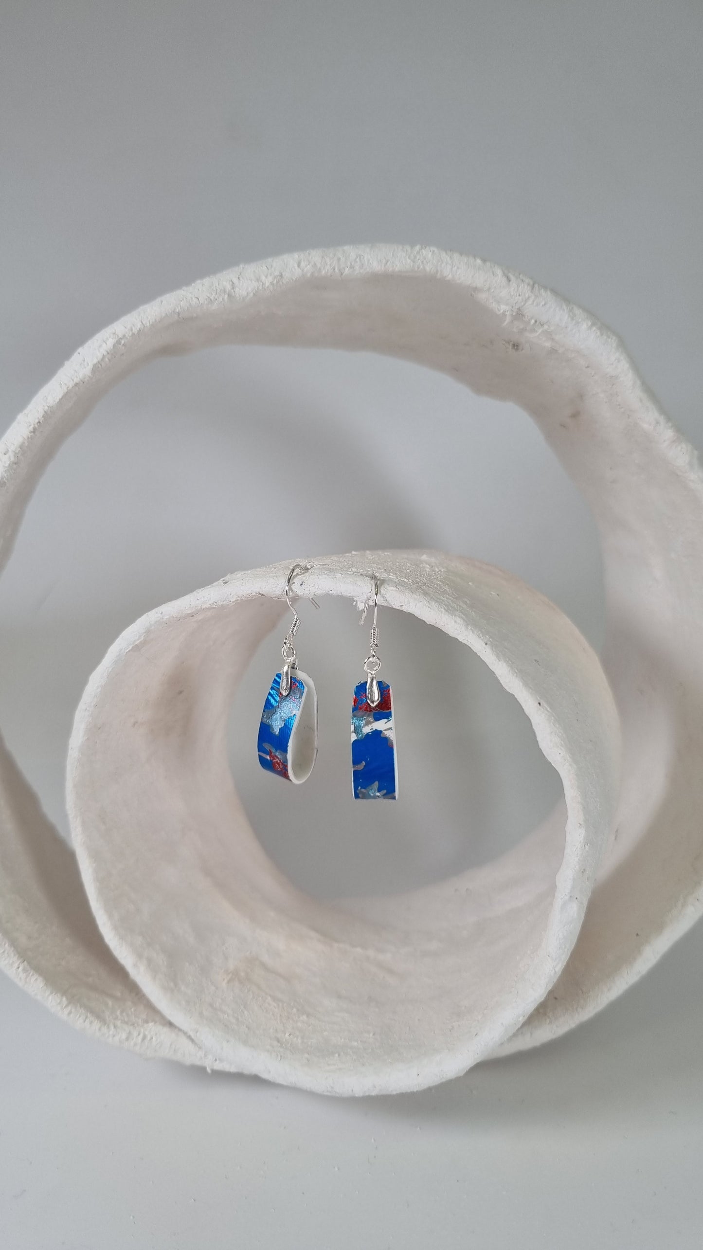 Teeny blue white and red metallic foiling looped folded earrings - PLASTIQUE By Siân