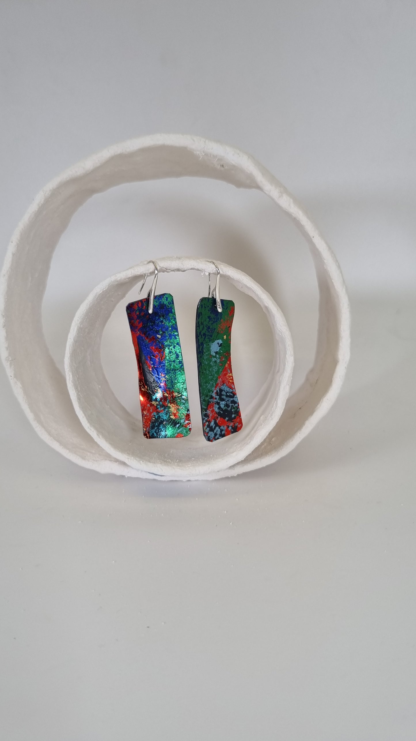 Green, red and blue metallic foiling print earrings - PLASTIQUE By Siân