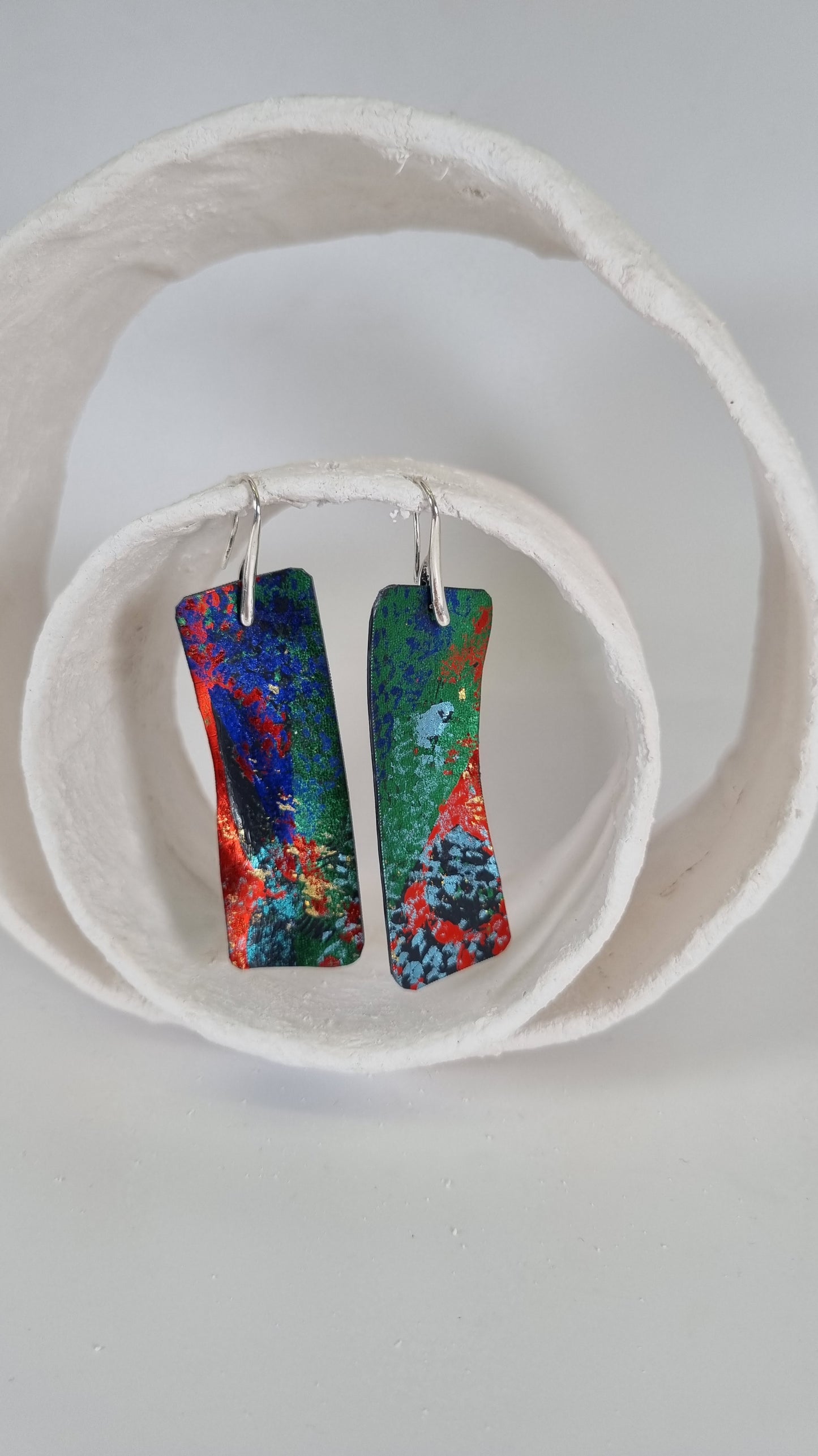 Green, red and blue metallic foiling print earrings - PLASTIQUE By Siân