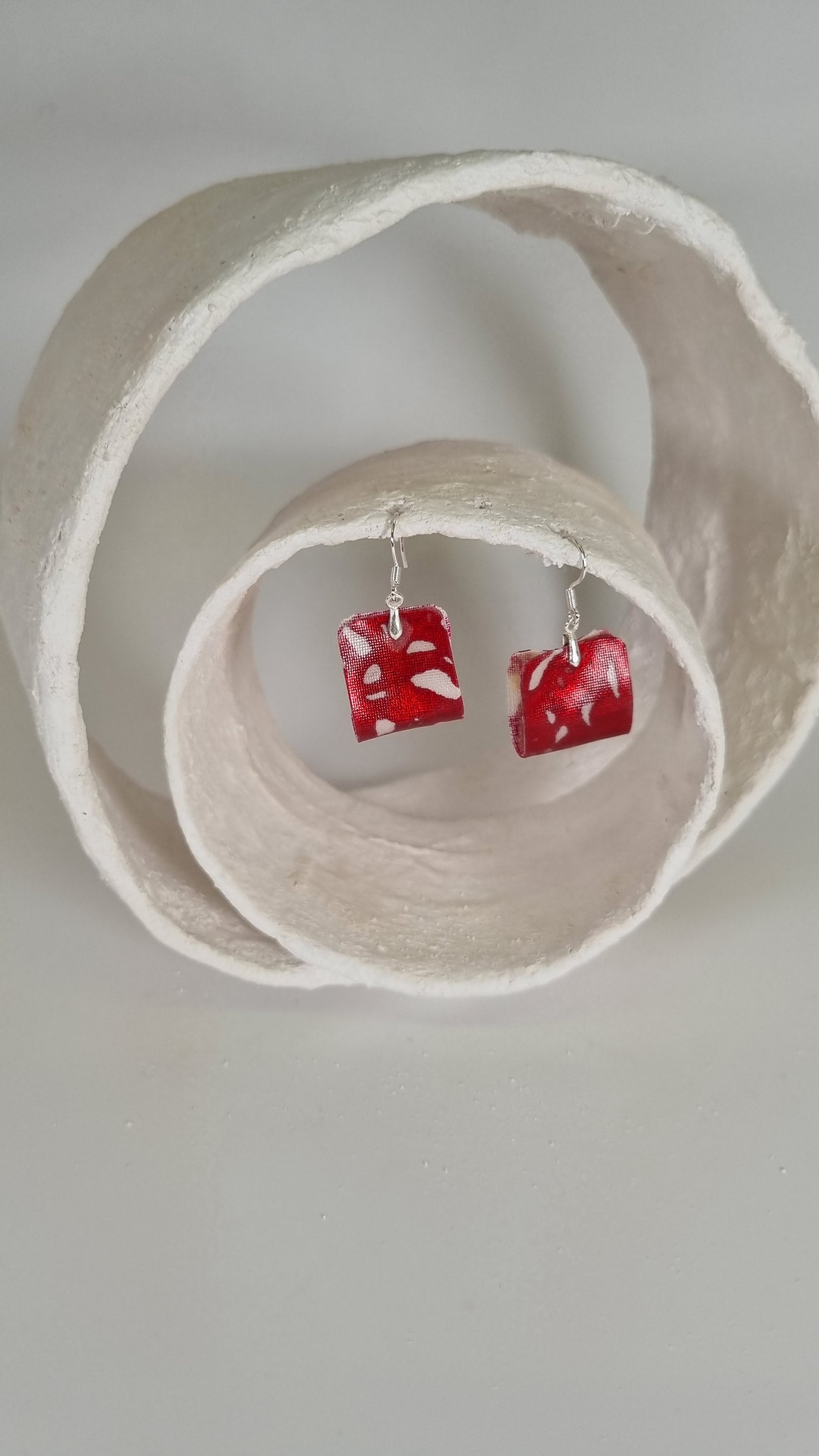 Small metallic red foiling print on fabric folded earrings - PLASTIQUE By Siân