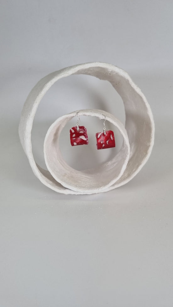 Small metallic red foiling print on fabric folded earrings - PLASTIQUE By Siân