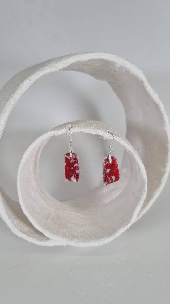 Small thin metallic red foiling print on fabric folded earrings - PLASTIQUE By Siân