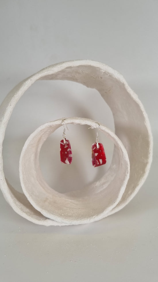 Small thin metallic red foiling print on fabric folded earrings - PLASTIQUE By Siân