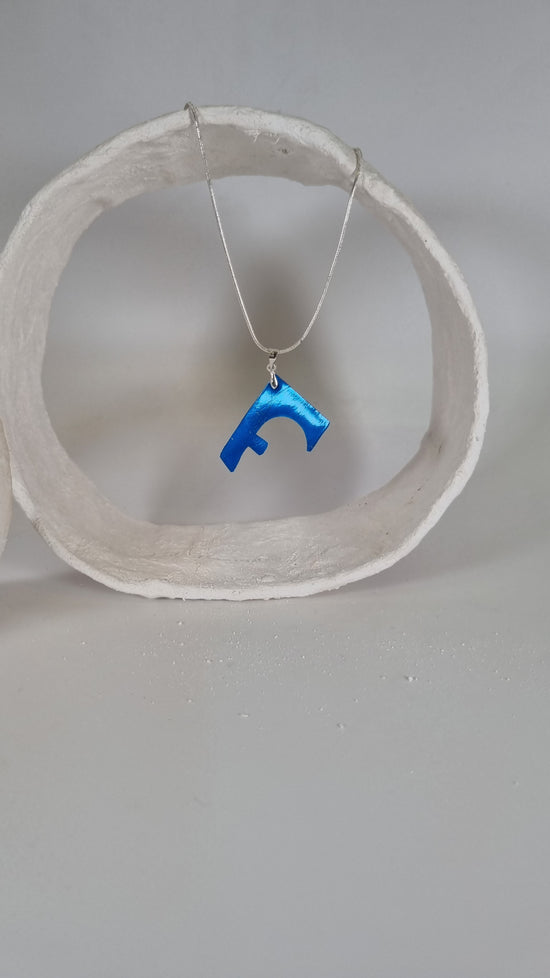 Letter F shaped electric blue metallic foiling print abstract necklace - PLASTIQUE By Siân