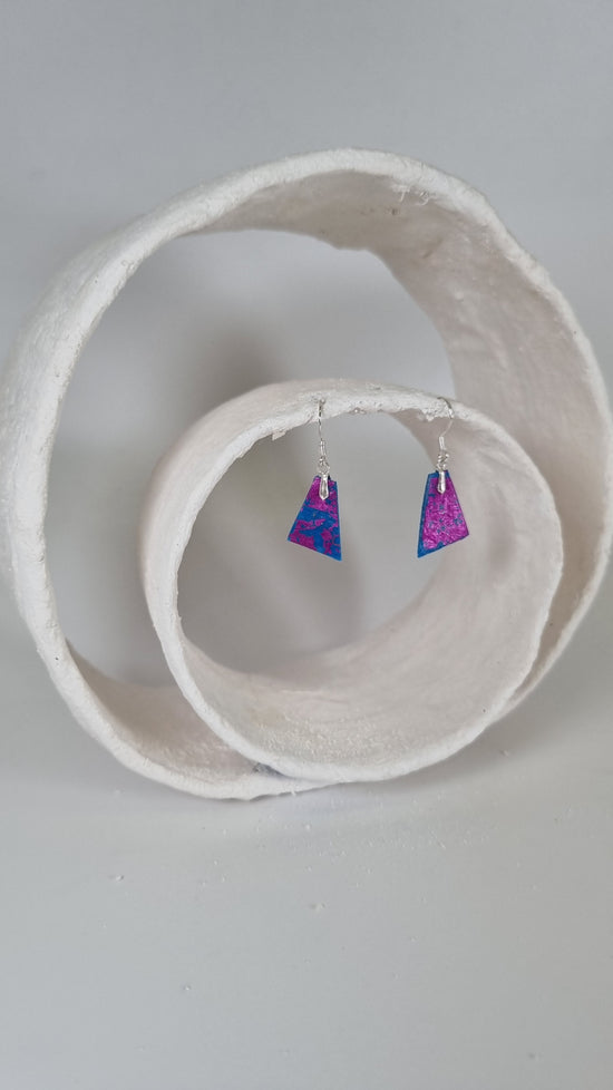 Tiny magenta foling on blue earrings - PLASTIQUE By Siân