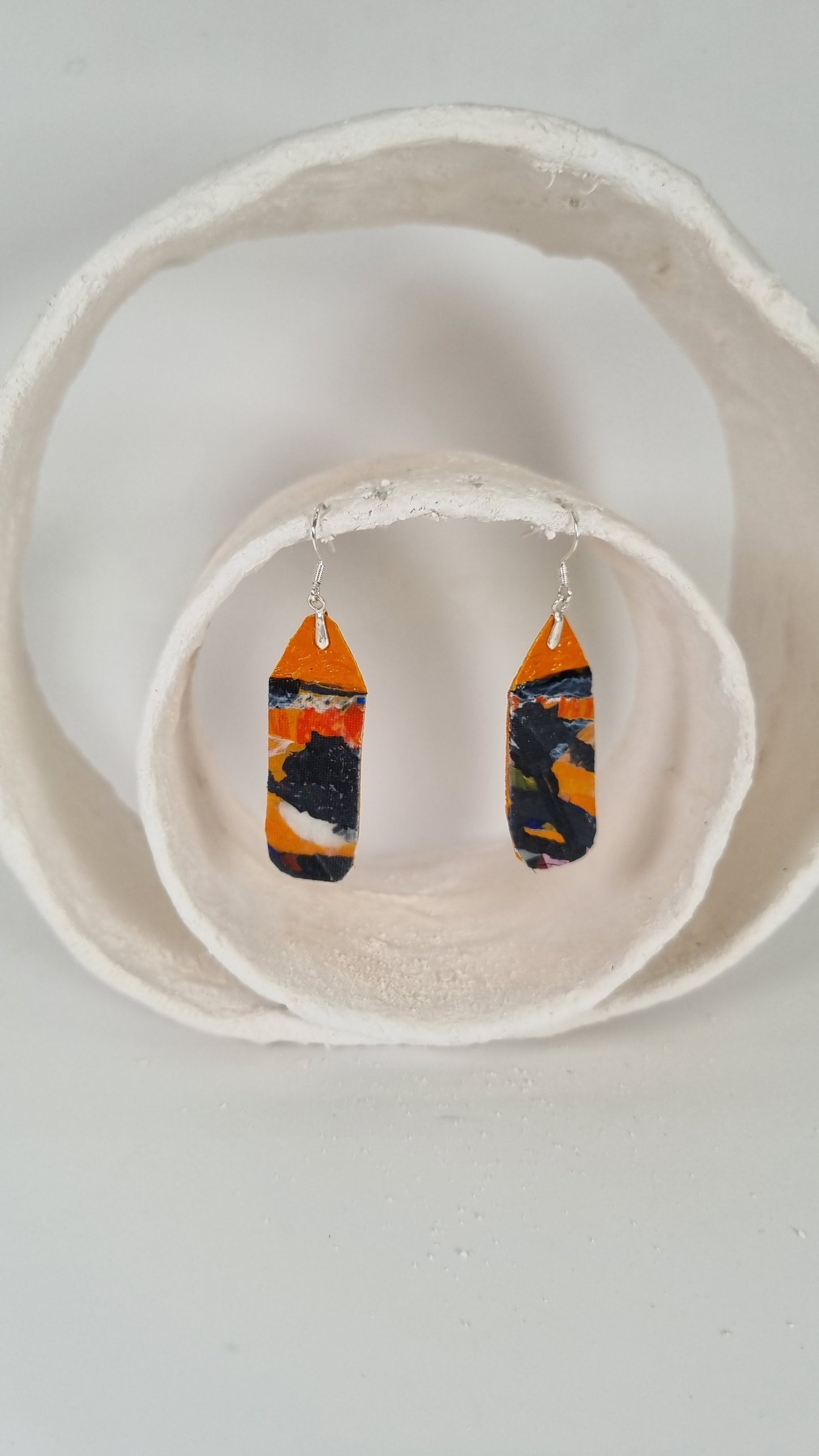 Small oval earrings in orange, black, and white - PLASTIQUE By Siân