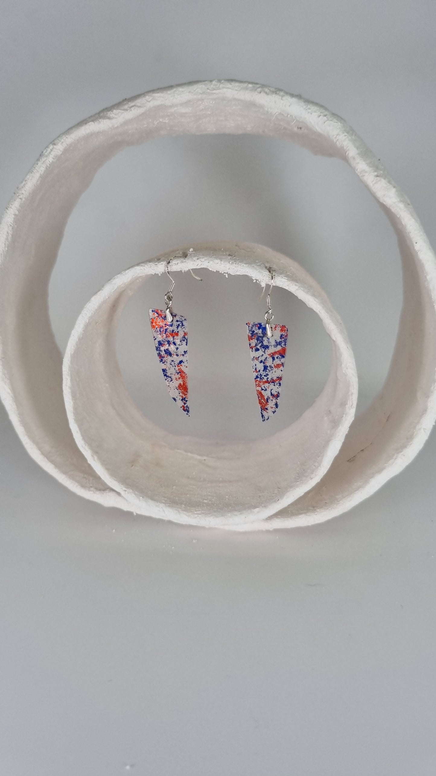 Red and blue metalic print over clear plastic bottle earrings - PLASTIQUE By Siân