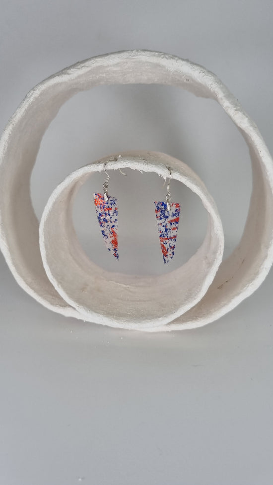 Red and blue metalic print over clear plastic bottle earrings - PLASTIQUE By Siân