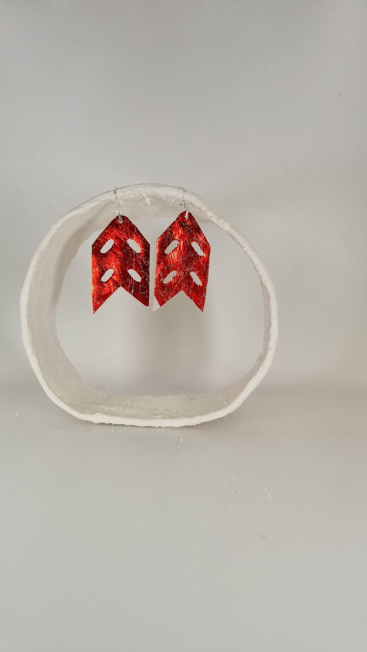 Metallic red patterned fishtail shape Earrings - PLASTIQUE By Siân