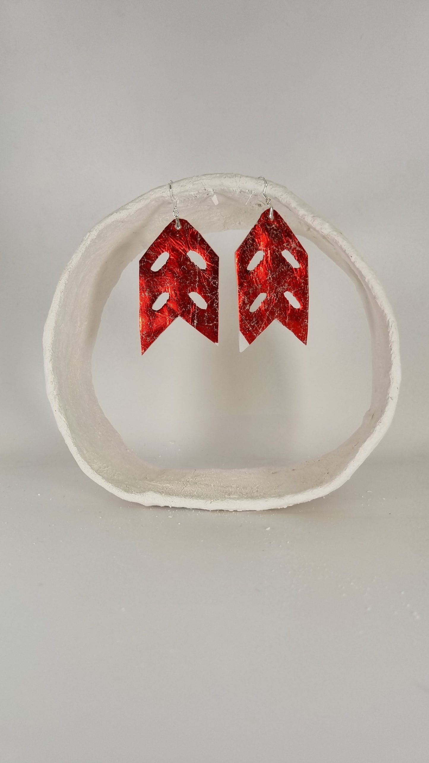 Metallic red patterned fishtail shape Earrings - PLASTIQUE By Siân