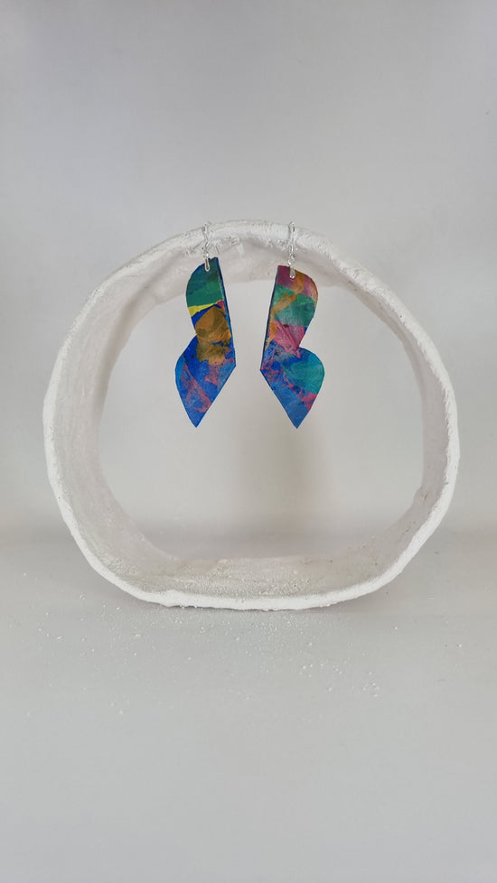 Playful medium dangly curved pink, blue, green and yellow earrings - PLASTIQUE By Siân