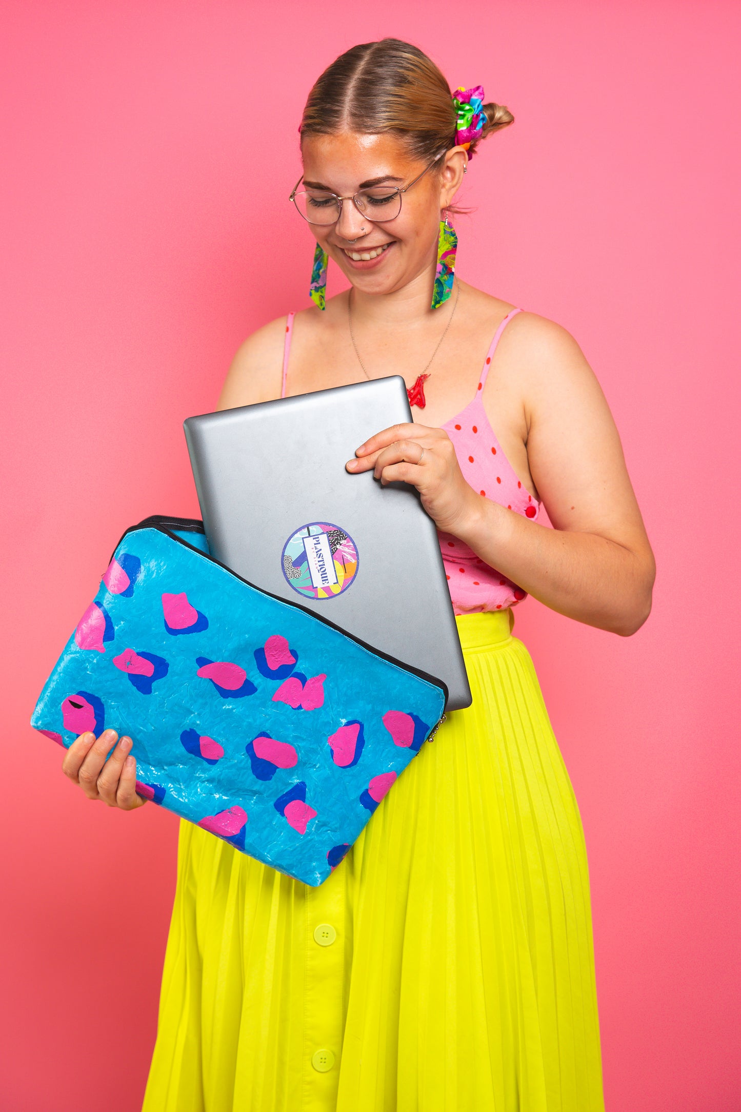 Blue and pink leopard print Laptop bag - recycled plastic