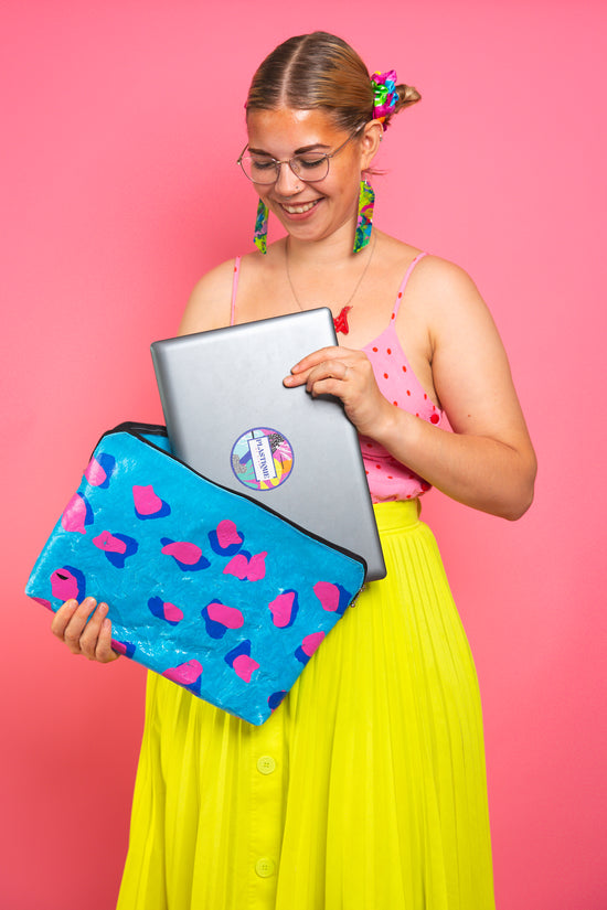 Blue and pink leopard print Laptop bag - recycled plastic