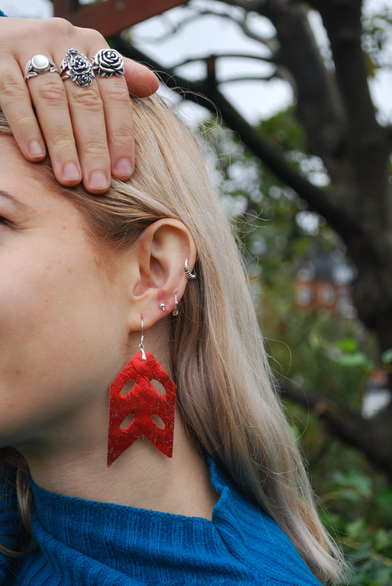 Metallic red patterned fishtail shape Earrings - PLASTIQUE By Siân