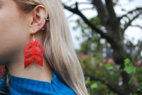 Metallic red patterned fishtail shape Earrings - PLASTIQUE By Siân