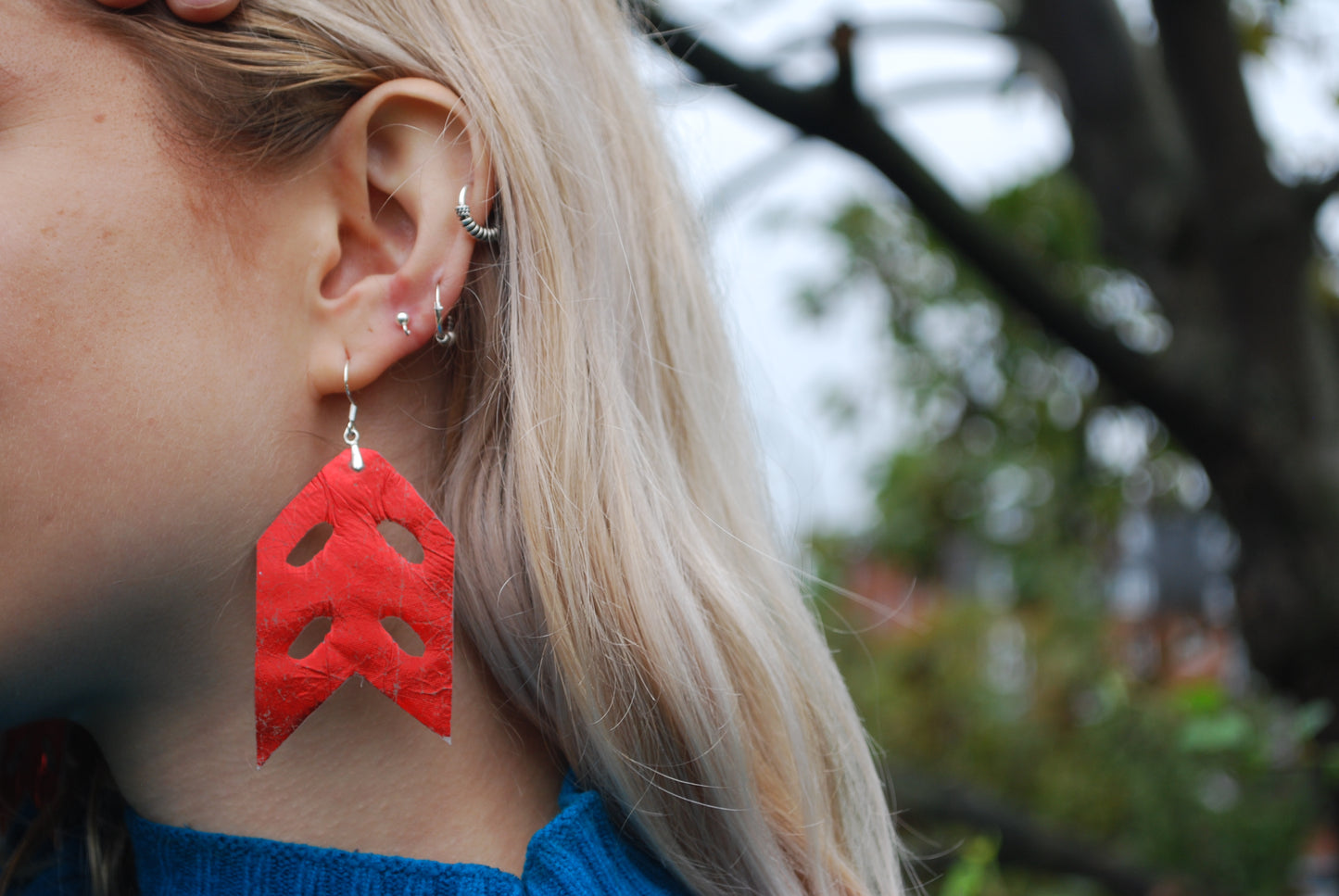 Metallic red patterned fishtail shape Earrings - PLASTIQUE By Siân