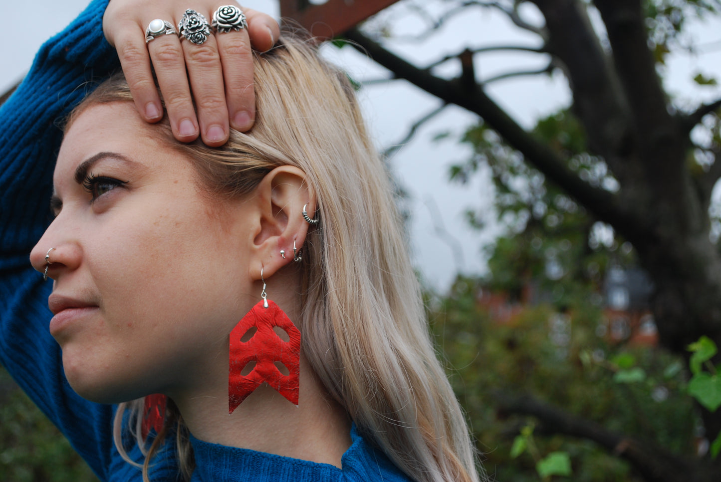 Metallic red patterned fishtail shape Earrings - PLASTIQUE By Siân