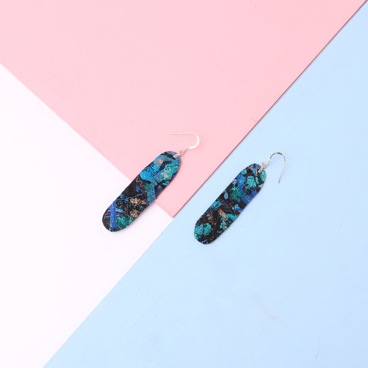 Large long black blue and gold earrings with thread incase