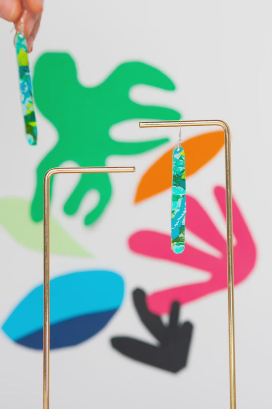 Load and play video in Gallery viewer, Large striking colourful long thin green patterned earrings - S/S 24
