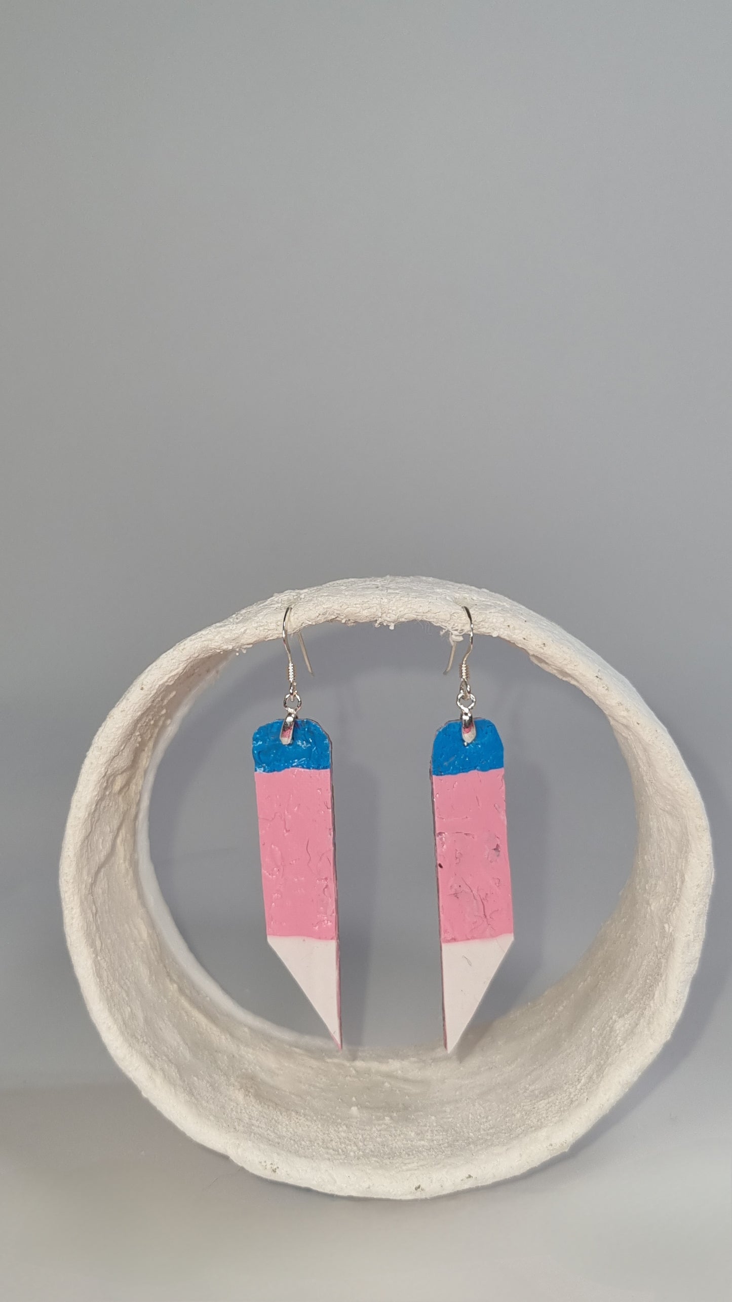 S Trans pride long thin pointed edge earrings in baby blue white and pink with gold backing -S/S 24 - PLASTIQUE By Siân