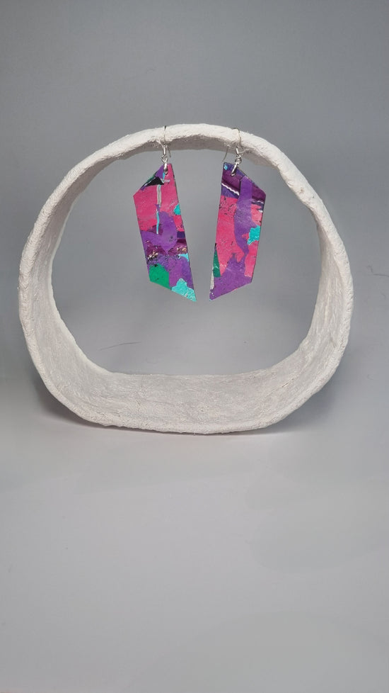 Medium striking colourful long thin angular 80s earrings in pink, orange, purple, blue, pink and green - S/S 24 - PLASTIQUE By Siân