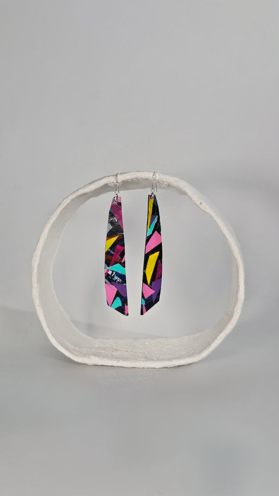 Ex Large striking colourful long thin 80s earrings in pink, yellow, purple, green on black - S/S 24 - PLASTIQUE By Siân