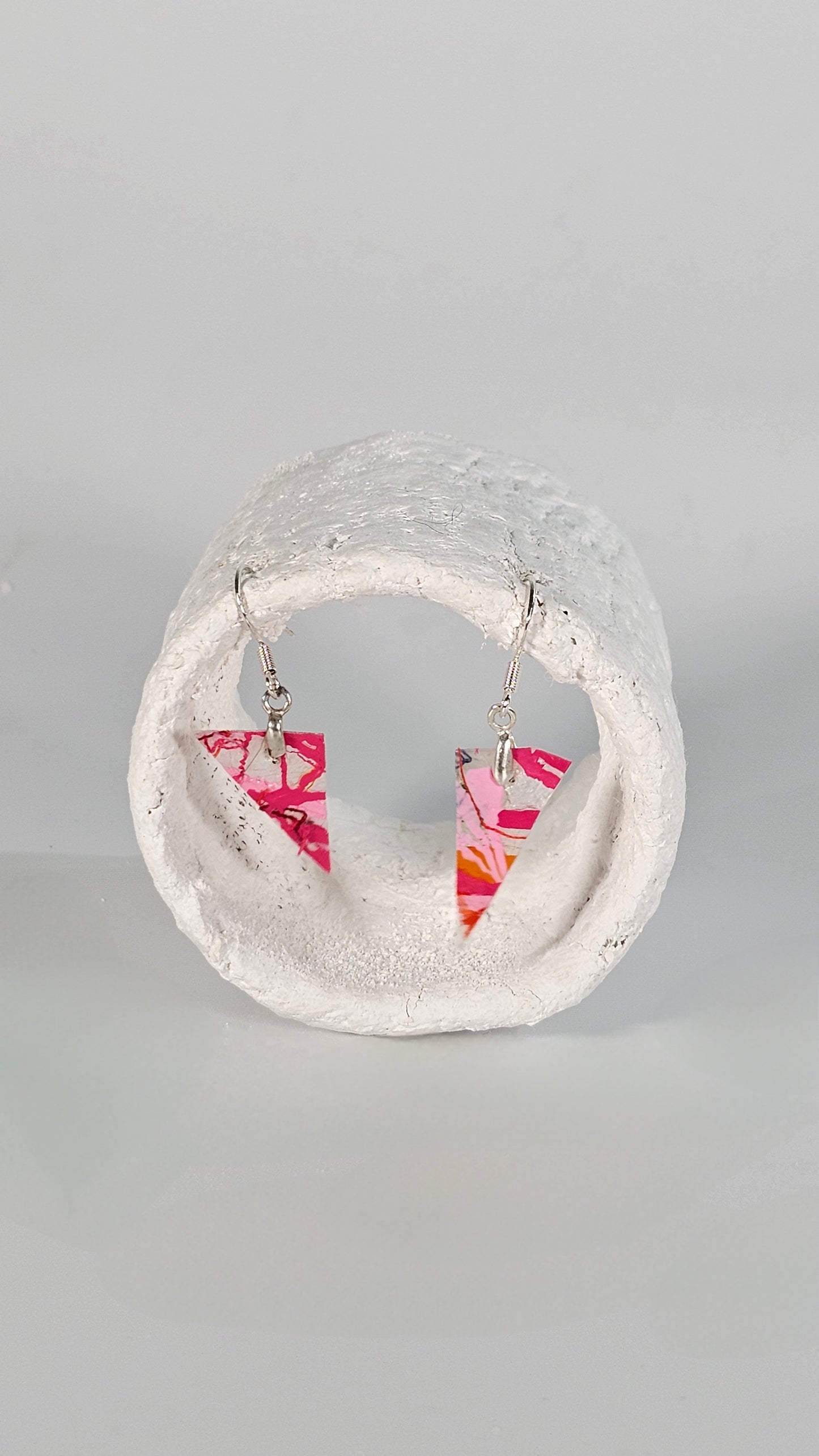 Tiny pointed anglular colourful pink, orange and red abstract square earrings - PLASTIQUE By Siân