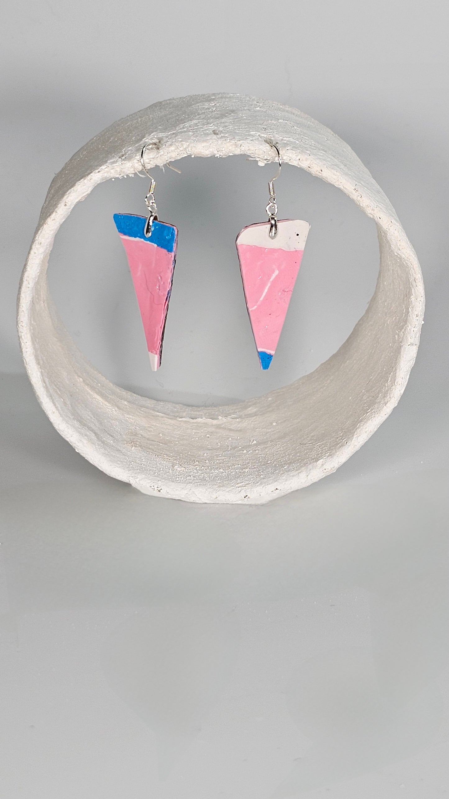 S Trans pride long triangle earrings in baby blue white and pink with gold backing -S/S 24 - PLASTIQUE By Siân