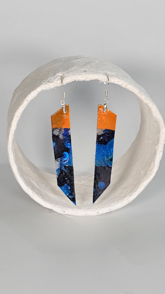 Medium striking long angular shape colourful earrings in orange and blue- S/S 24 - PLASTIQUE By Siân