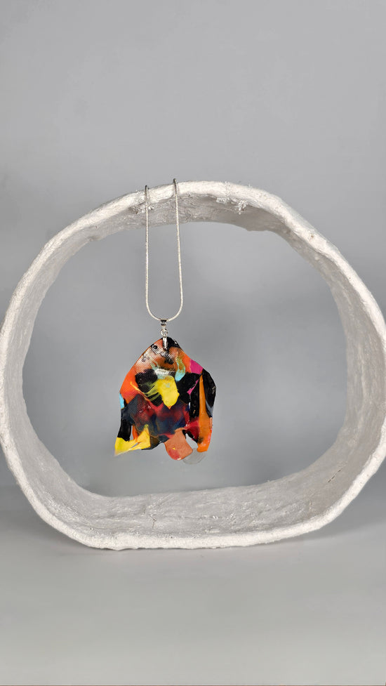 Medium colourful abstract asymmetric necklace pentant in yellow, red, orange and black - PLASTIQUE By Siân