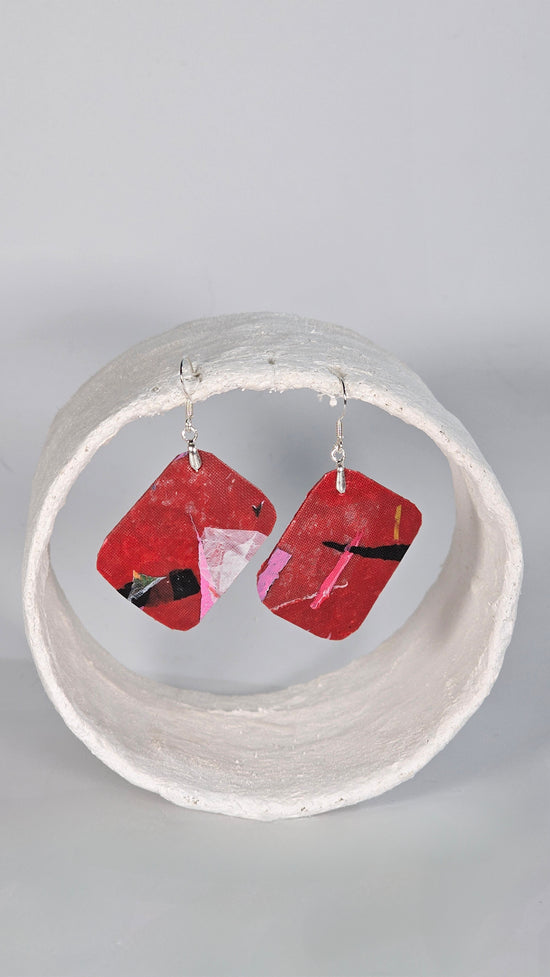 Small colourful pink and red abstract 80's vintage London TFL seat inspired earrings - PLASTIQUE By Siân