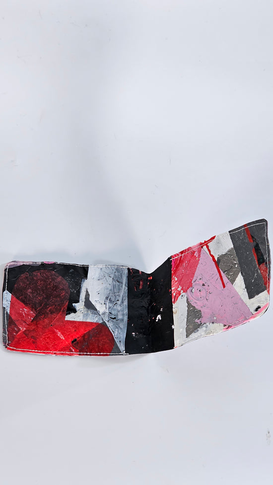 Card wallet: Pink, black, grey, red and white stitched from upcycled plastic - PLASTIQUE By Siân