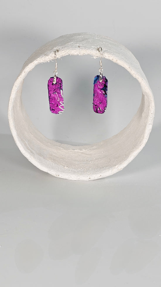 Tiny metallic magenta on blue stitched curved edge rectangle shape earrings - PLASTIQUE By Siân