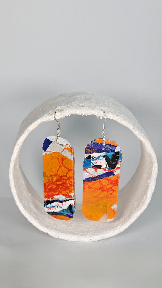 M wide curved rectangular earrings in blue, orange and white - PLASTIQUE By Siân