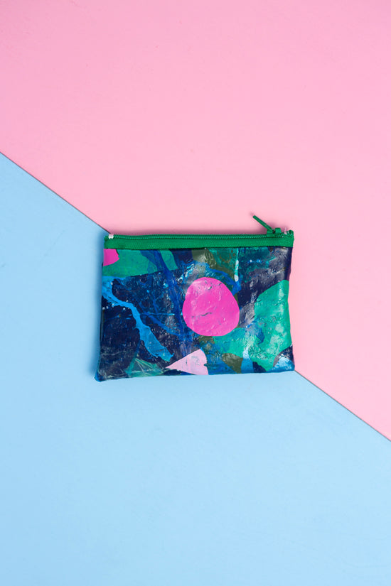 Zip Purse: Navy blue, green and pink