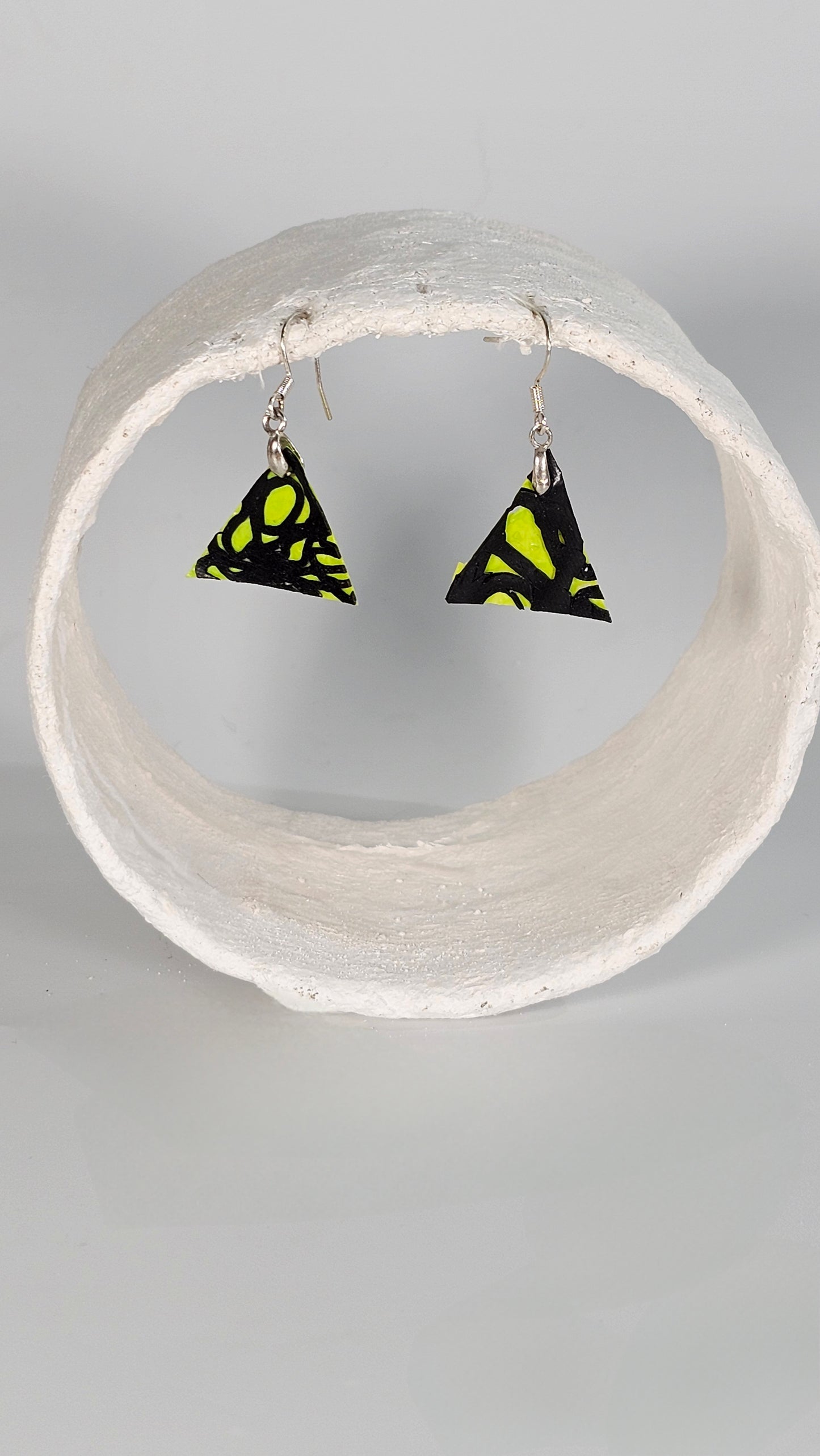 Tiny triangle black swirl design on lime green Necklace - PLASTIQUE By Siân