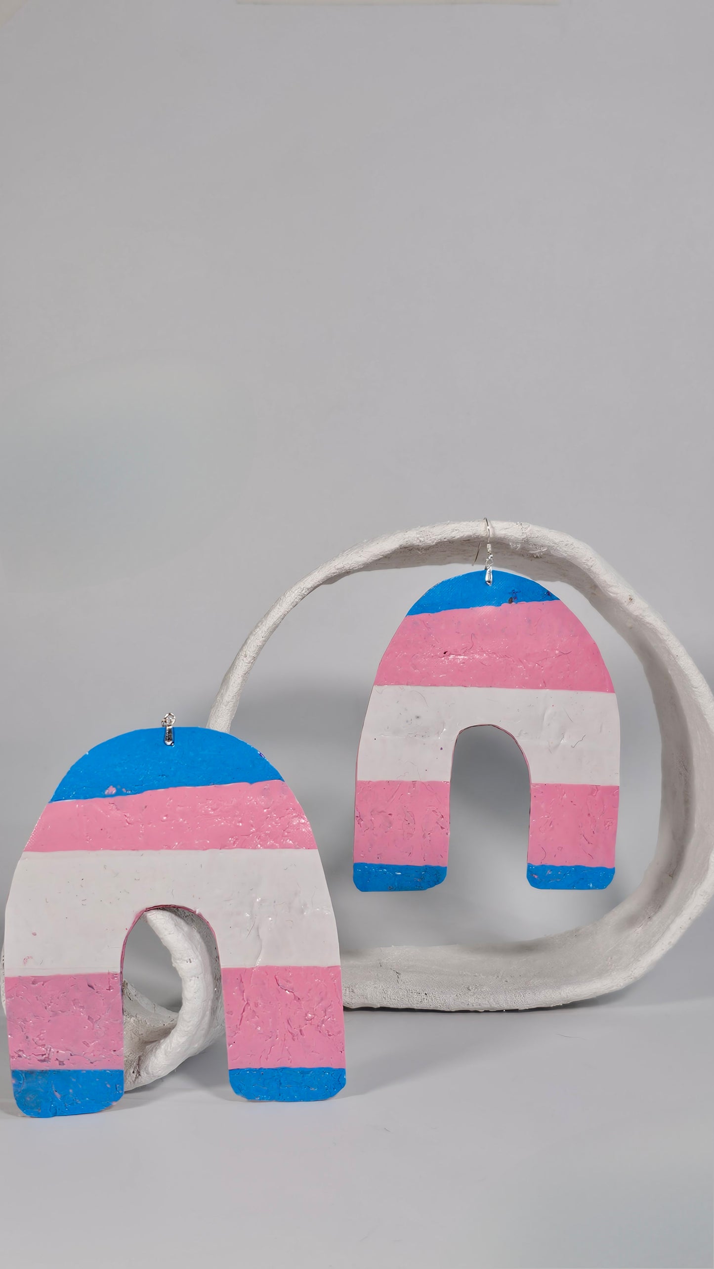 XXL Trans pride rainbow earrings in baby blue white and pink with gold backing -S/S 24 - PLASTIQUE By Siân