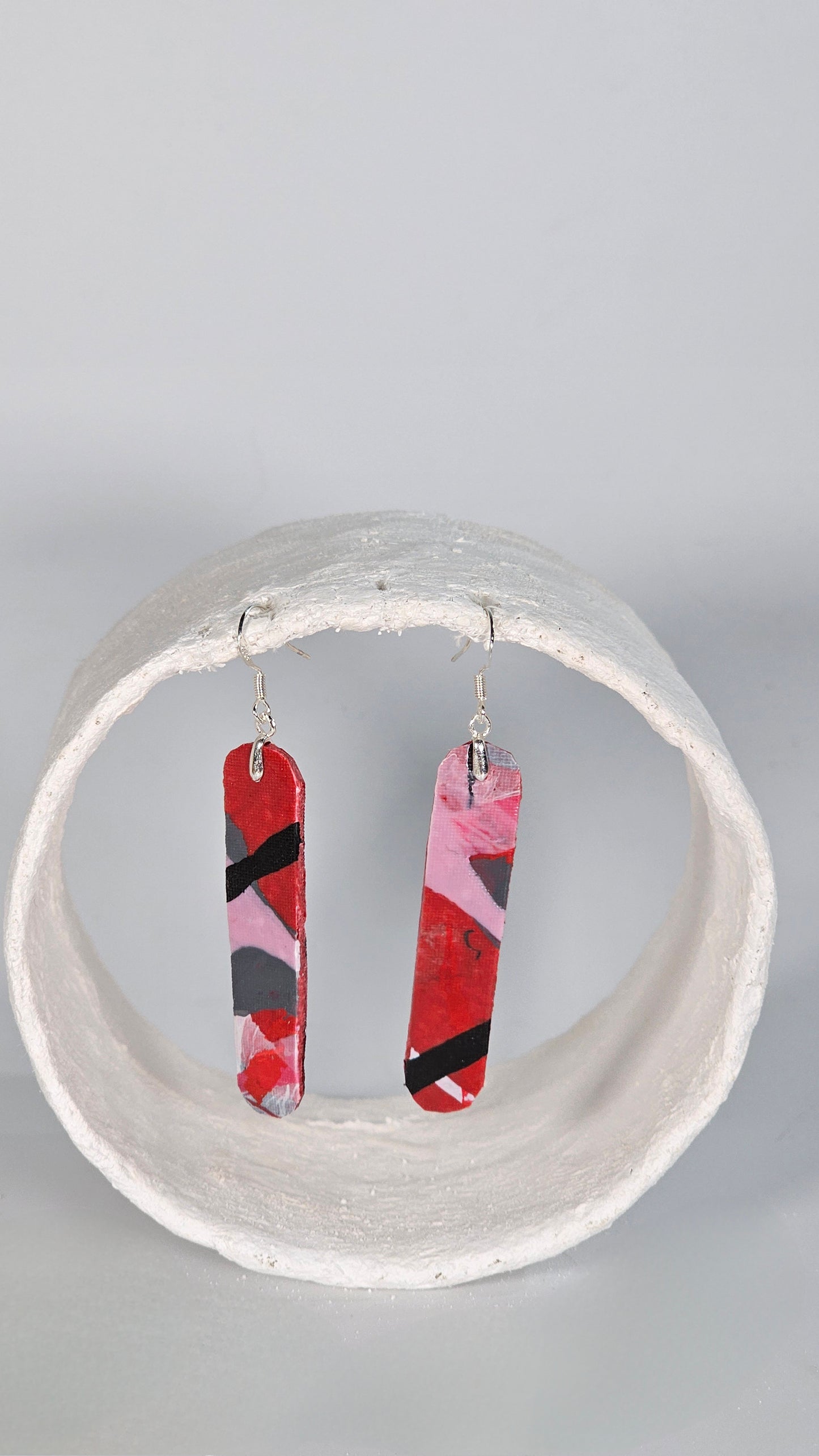 Small colourful pink and red long thin abstract 80's vintage London TFL seat inspired earrings - PLASTIQUE By Siân