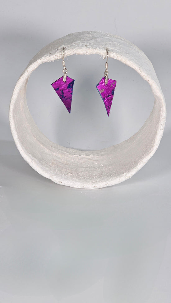 Tiny metallic magenta on blue pointed rhombus shape earrings - PLASTIQUE By Siân