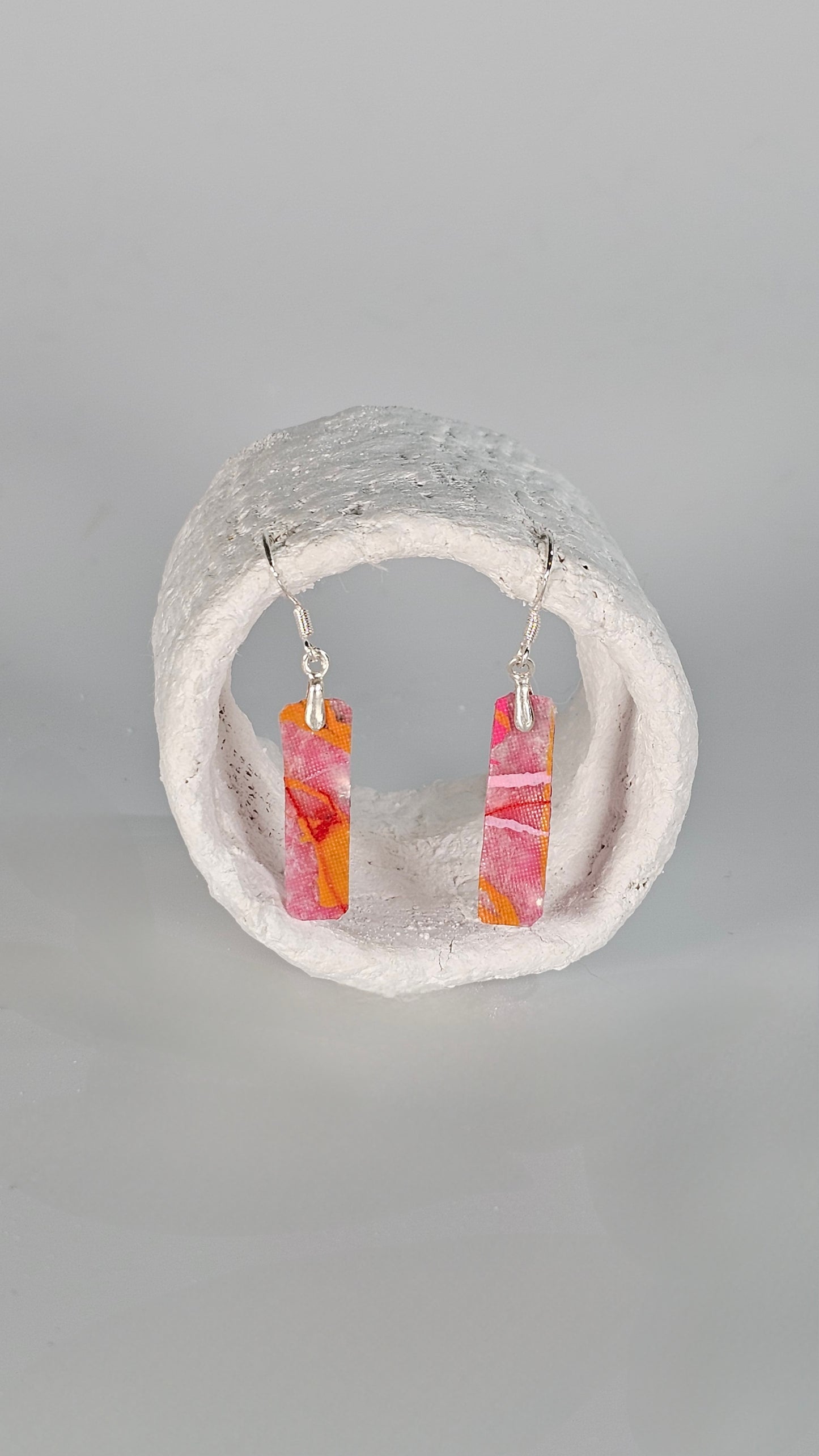 Tiny long thin colourful pink, orange and red abstract square earrings - PLASTIQUE By Siân