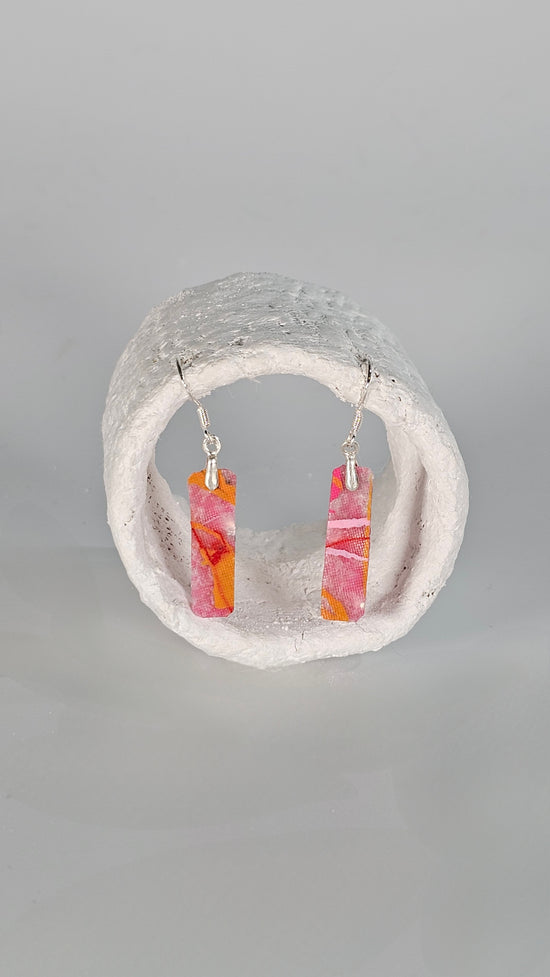 Tiny long thin colourful pink, orange and red abstract square earrings - PLASTIQUE By Siân