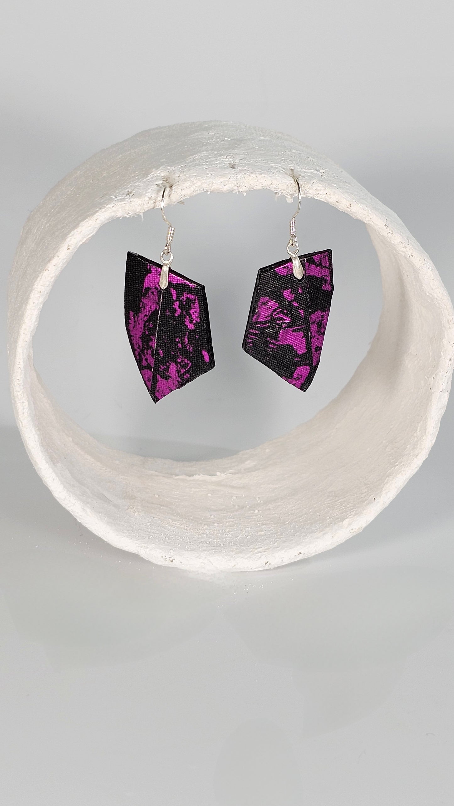 Medium magenta foiling print over black plastic earrings - PLASTIQUE By Siân