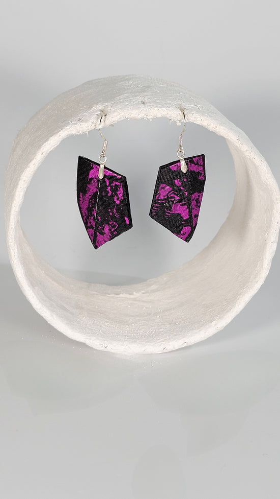 Medium magenta foiling print over black plastic earrings - PLASTIQUE By Siân