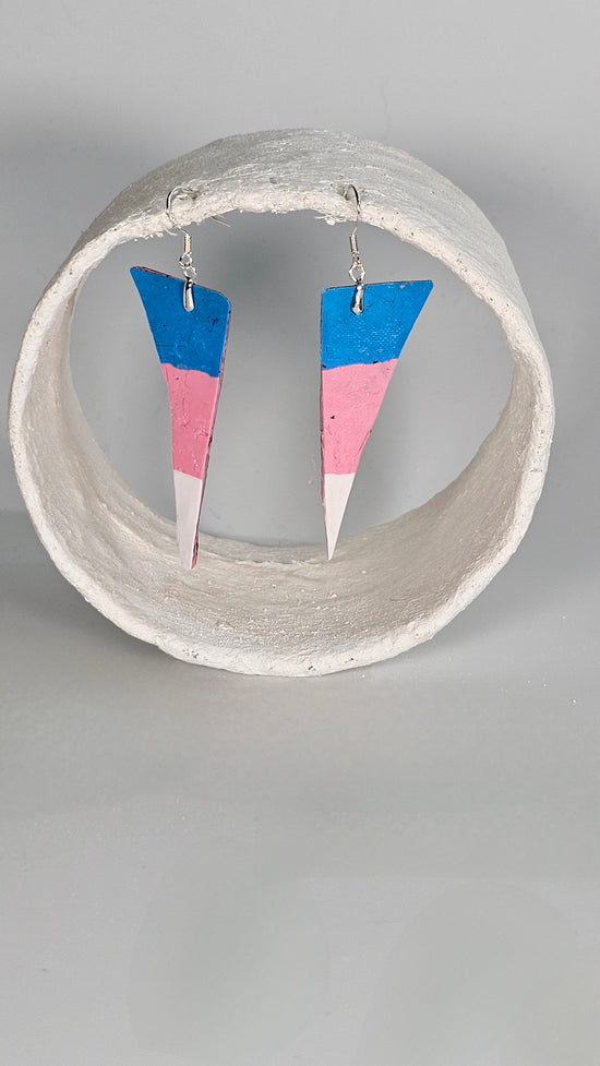 S Trans pride long triangle earrings in baby blue white and pink with gold backing -S/S 24 - PLASTIQUE By Siân