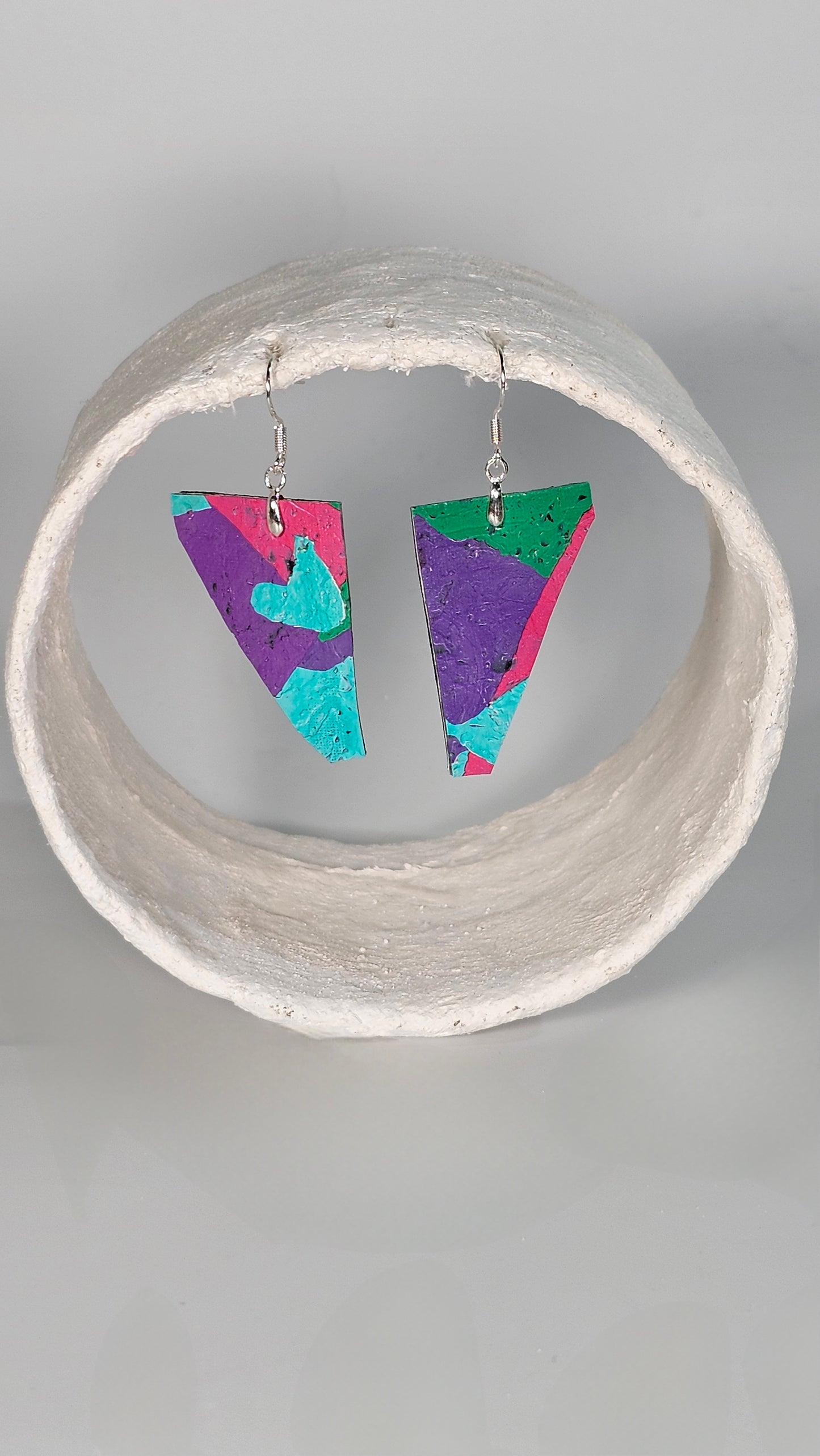 Small colourful patterned triangle shape earrings in green pink and purple - PLASTIQUE By Siân