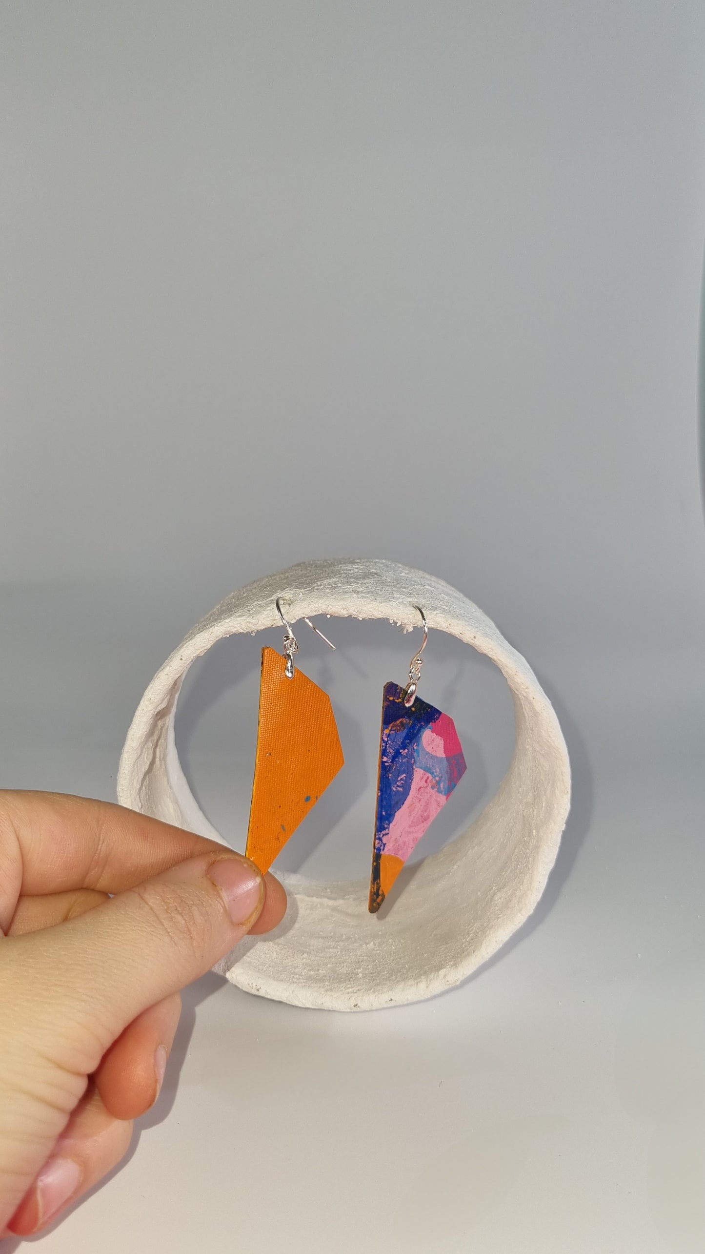 Small/Medium striking geometric angular colourful earrings in orange pink blue- S/S 24 - PLASTIQUE By Siân