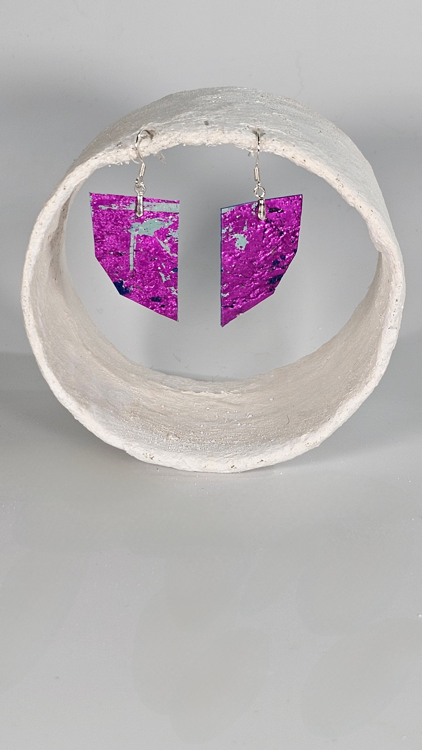 Small metallic magenta on blue pointed geometric shape earrings - PLASTIQUE By Siân